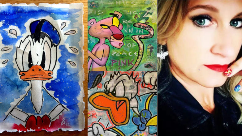 Sandra Müller: Aquarell-Donald Duck, Collage-Pink Panther II, Collage-Donald Duck, Selfportrait